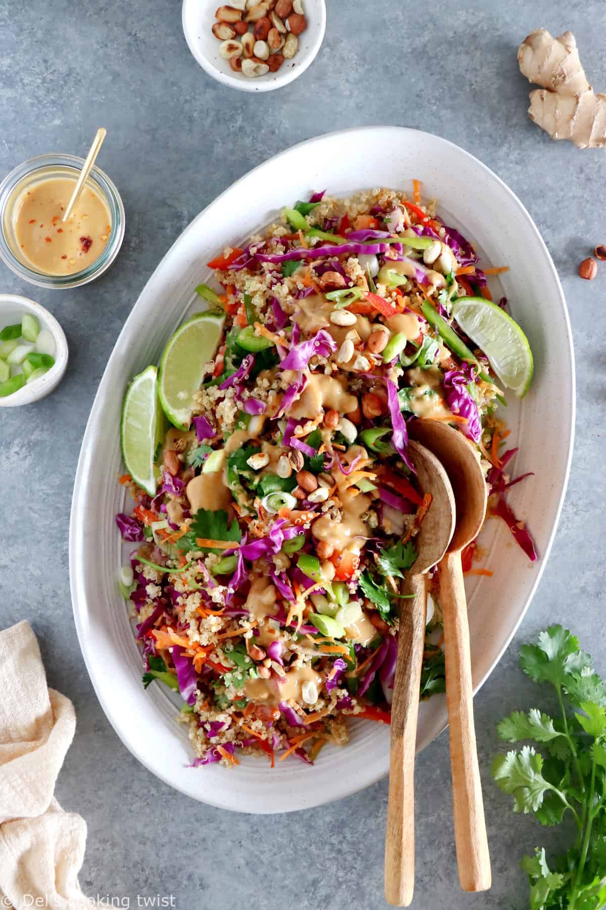 Délicieuse salade Thai au quinoa aux légumes croquants et servie avec une irrésistible sauce au beurre de cacahuète et au gingembre.