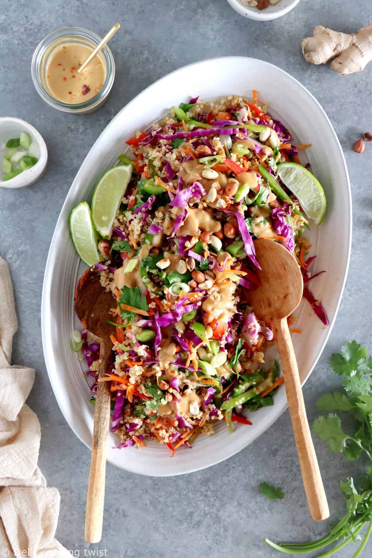 Délicieuse salade Thai au quinoa aux légumes croquants et servie avec une irrésistible sauce au beurre de cacahuète et au gingembre.