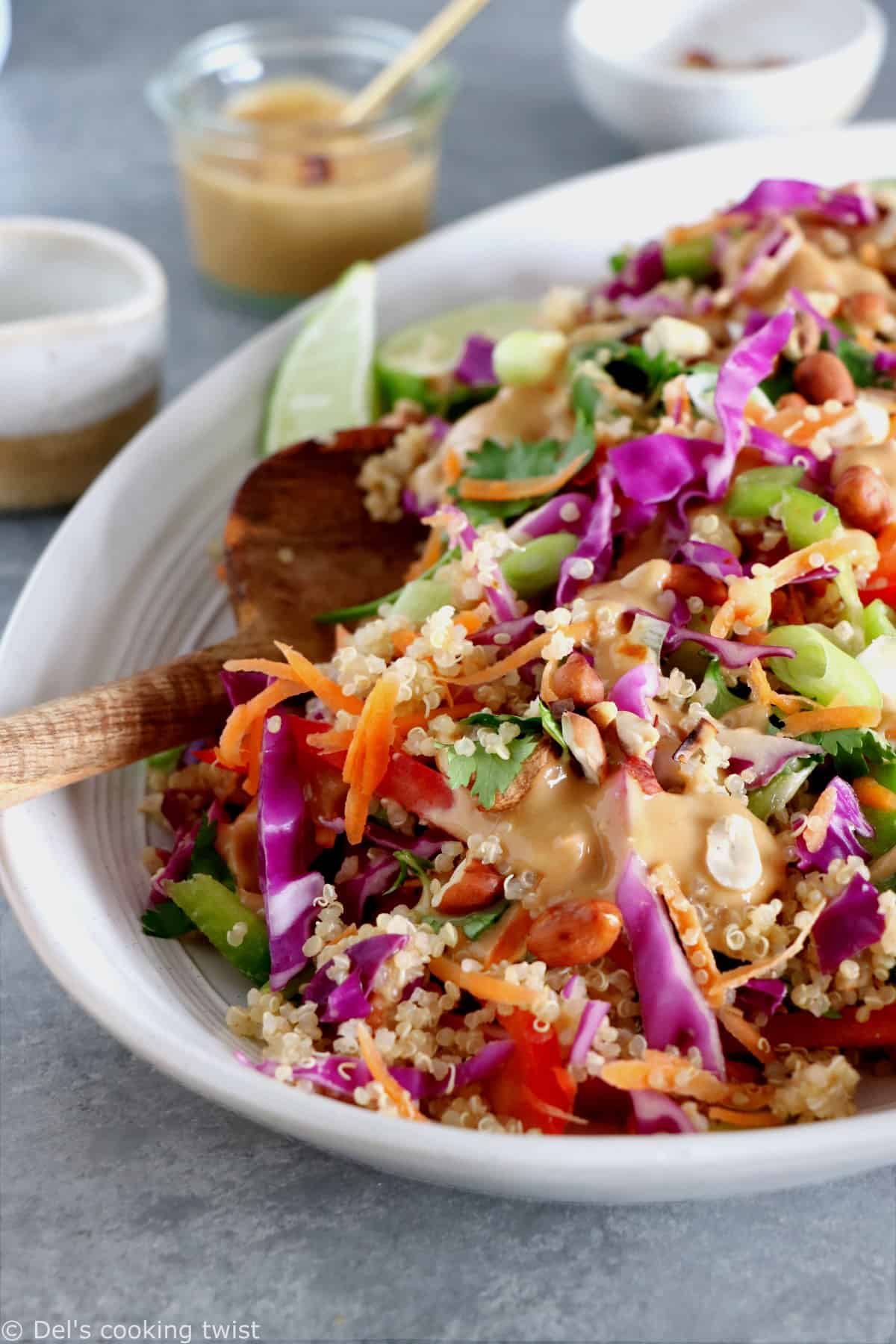 Délicieuse salade Thai au quinoa aux légumes croquants et servie avec une irrésistible sauce au beurre de cacahuète et au gingembre.