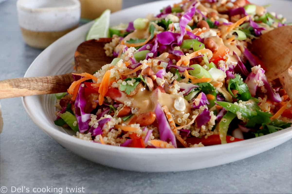 This crunchy Thai quinoa salad served with a ginger peanut butter dressing is a lovely twist to the classic Pad Thai.