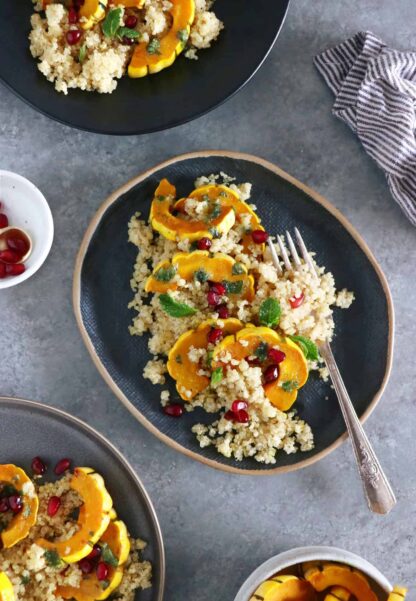 Feed your soul with a nourishing quinoa bowl featuring roasted delicata squash and a mint pesto.