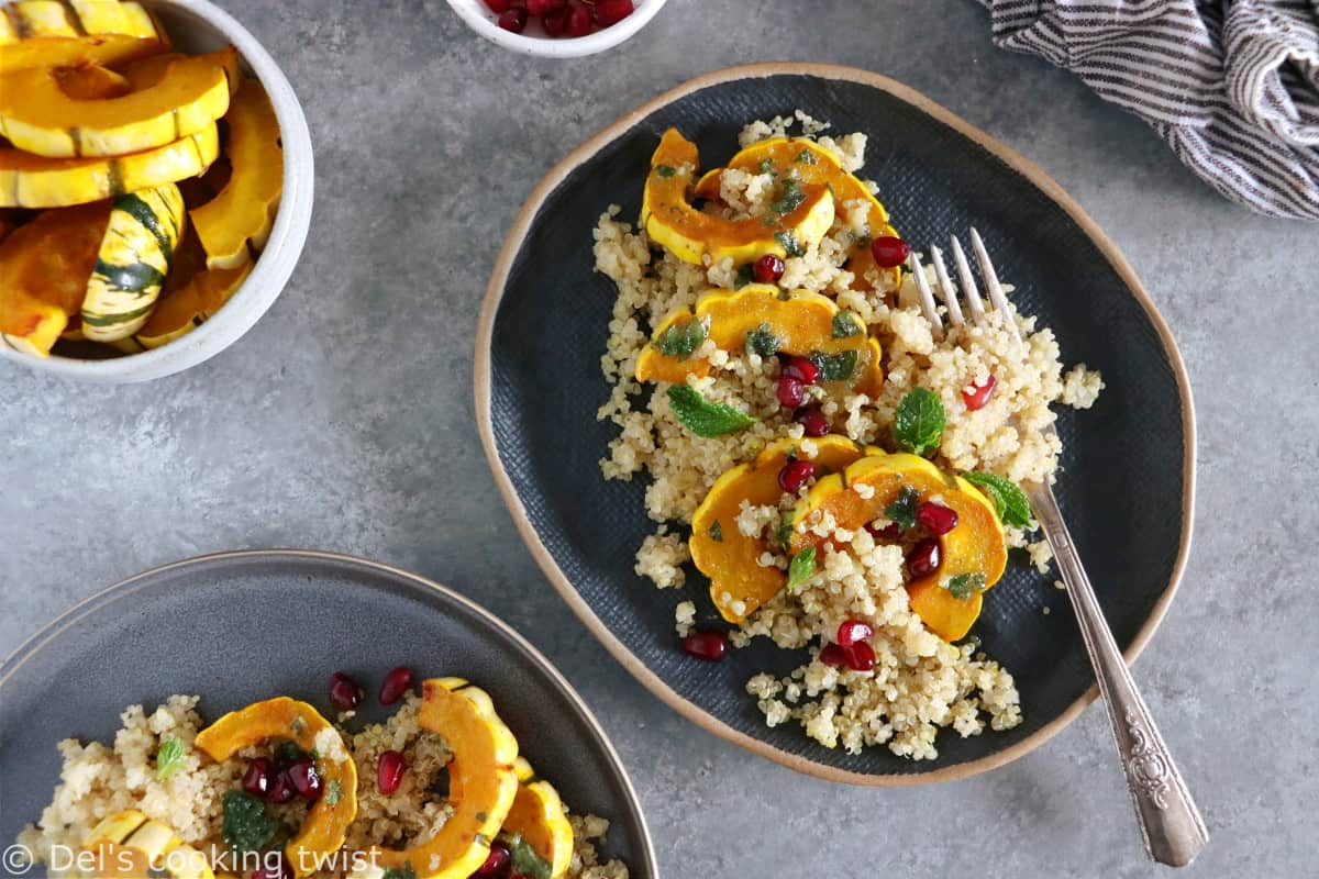 Feed your soul with a nourishing quinoa bowl featuring roasted delicata squash and a mint pesto.