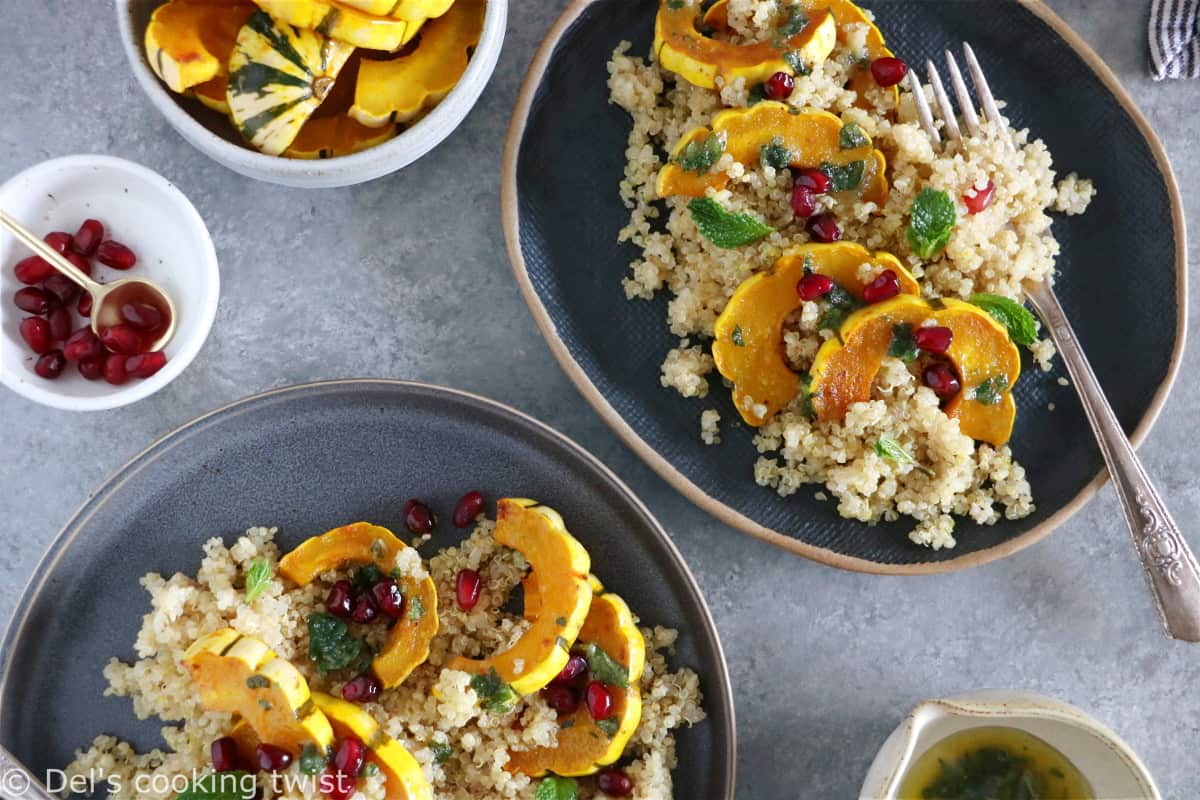 Feed your soul with a nourishing quinoa bowl featuring roasted delicata squash and a mint pesto.