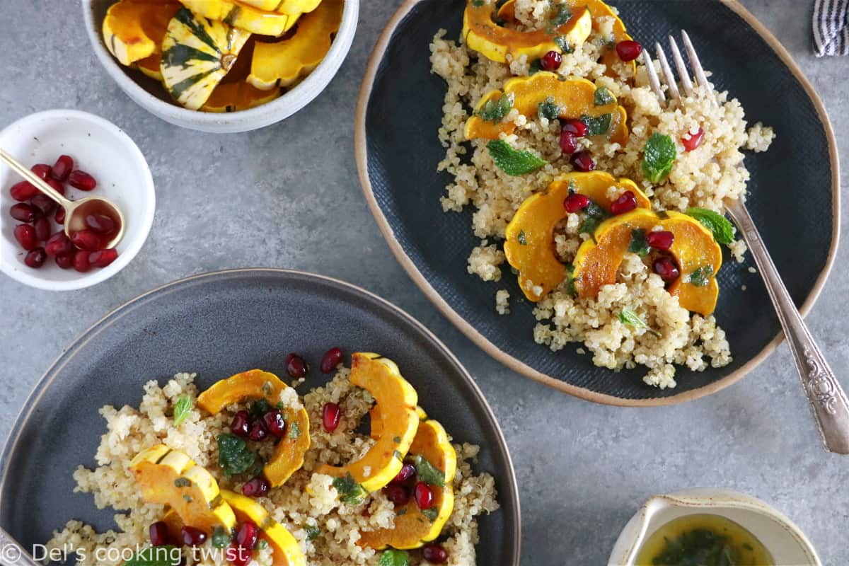 Pour une idée qui sort de l'ordinaire, découvrez ce plat de courges délicata rôties au four, servies avec du quinoa et un pesto de menthe aux saveurs subtiles et rafraîchissantes.