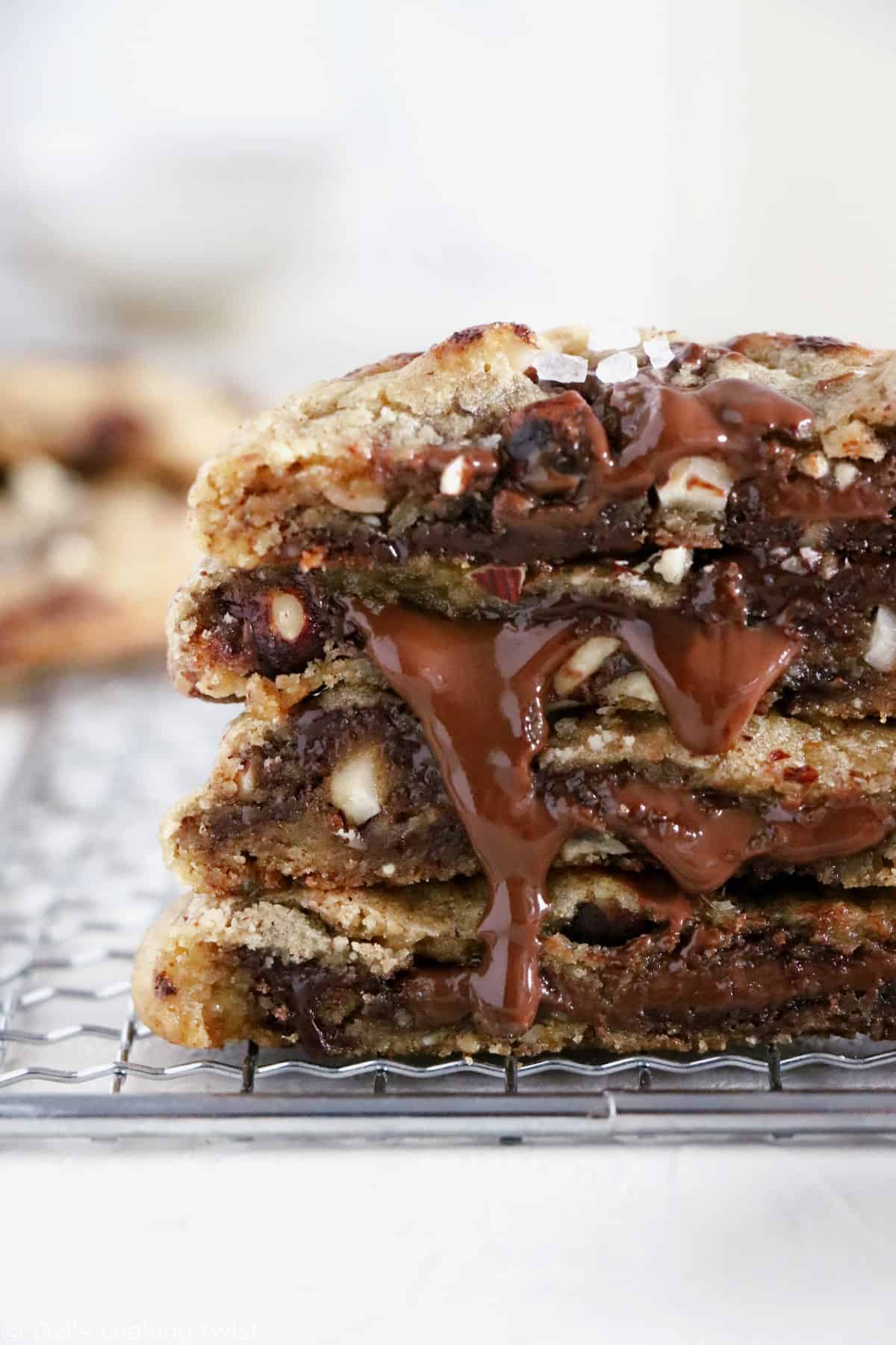 These hazelnut chocolate lava cookies are thick and soft in texture, and bursting with a molten core of chocolate.