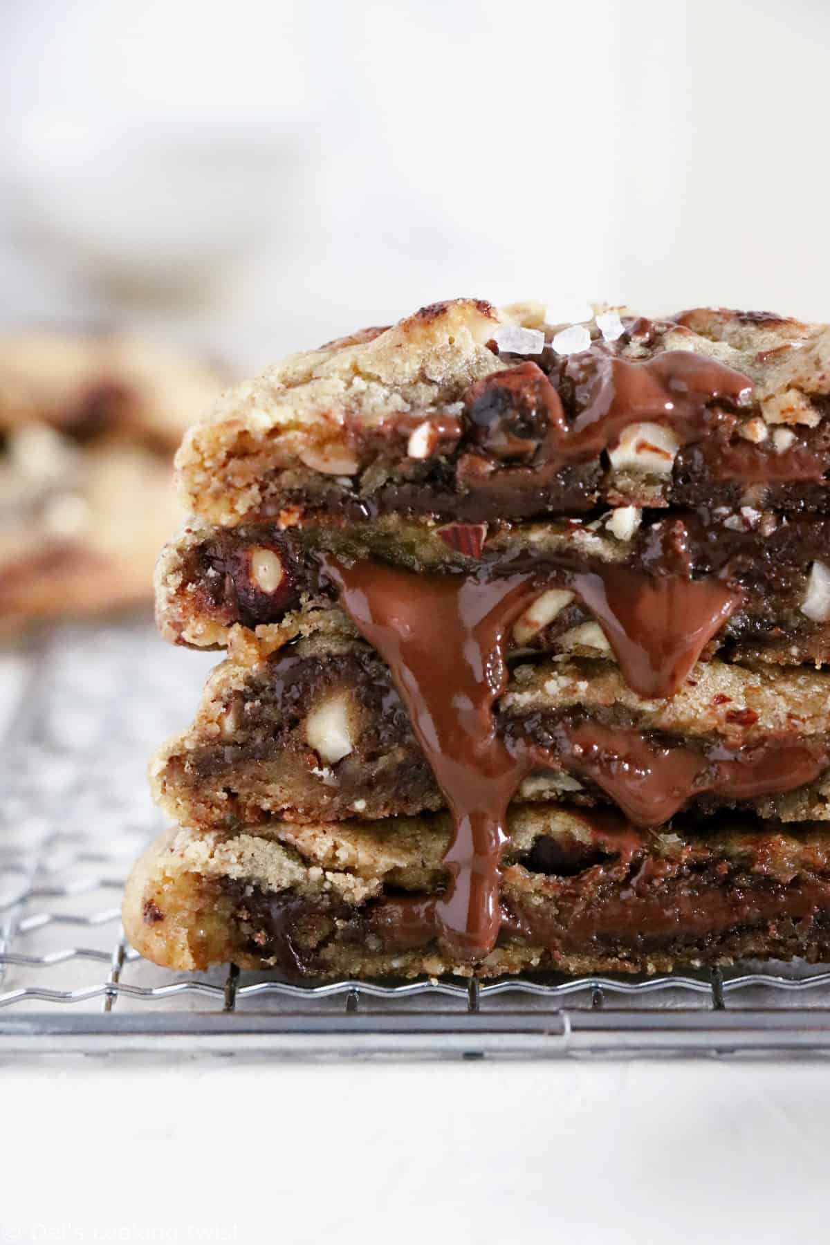 These hazelnut chocolate lava cookies are thick and soft in texture, and bursting with a molten core of chocolate.