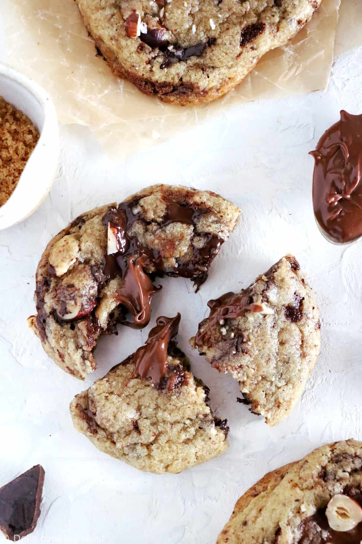 These hazelnut chocolate lava cookies are thick and soft in texture, and bursting with a molten core of chocolate.