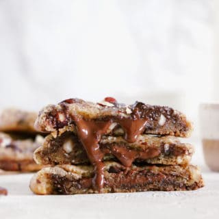 These hazelnut chocolate lava cookies are thick and soft in texture, and bursting with a molten core of chocolate.