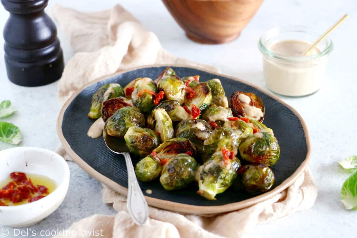 Soy roasted Brussels sprouts with cashew sauce are crispy, tender, with a subtle Asian touch.