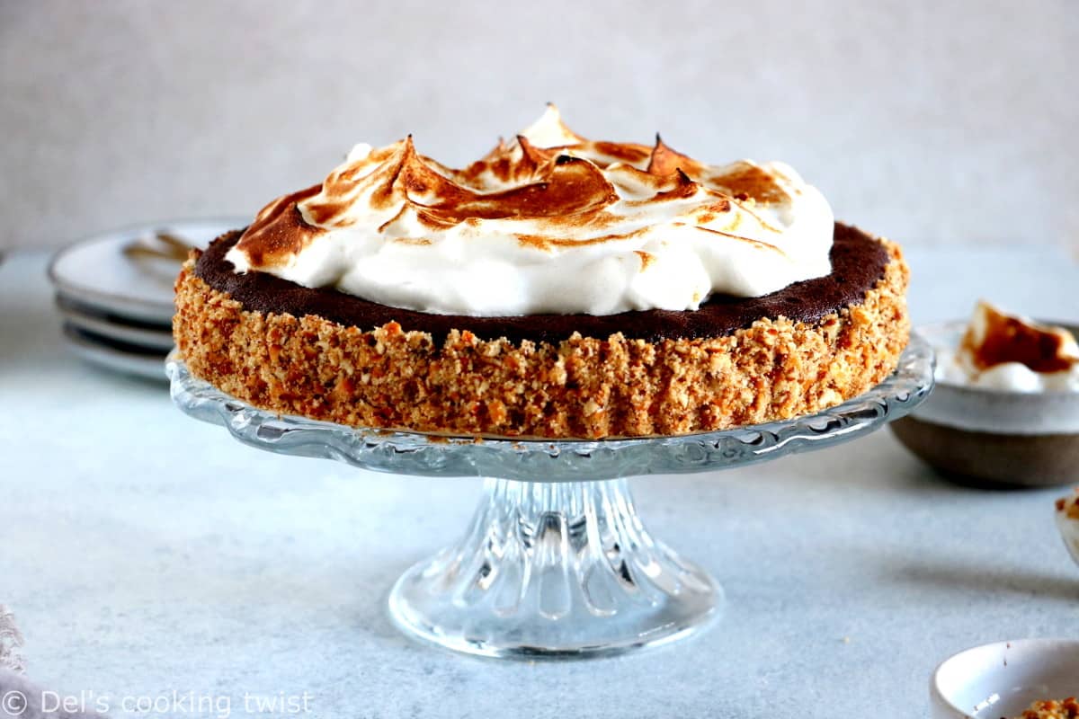 This Chocolate Brownie Meringue Pie with Pretzel Crust sits in a crunchy salty bottom crust, a rich and fudgy chocolate brownie layer and a homemade Italian meringue on top.