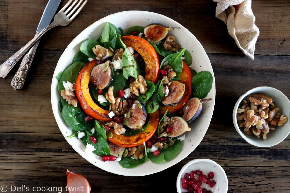 This roasted squash salad features caramelized figs with balsamic vinegar, baby spinach, and a subtle shallot vinaigrette.