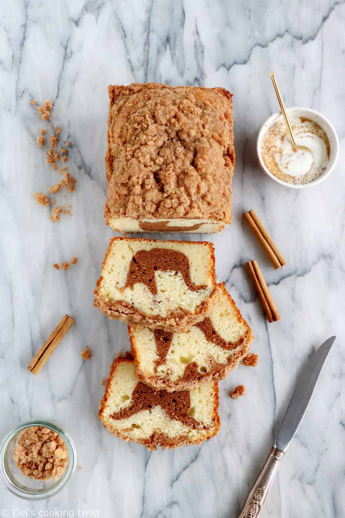 This streusel cinnamon swirl coffee cake is a simple recipe packed with cinnamon flavors.