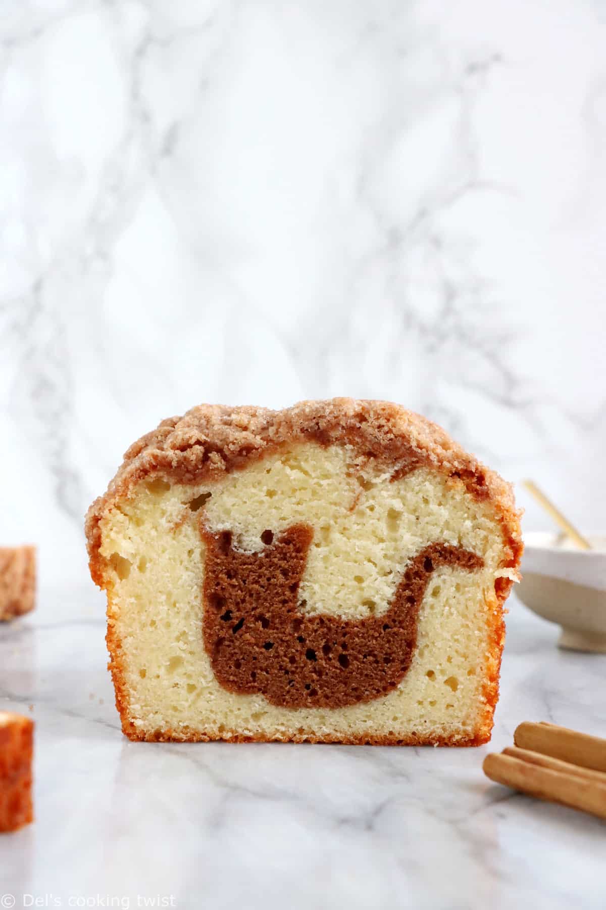 This streusel cinnamon swirl coffee cake is a simple recipe packed with cinnamon flavors.