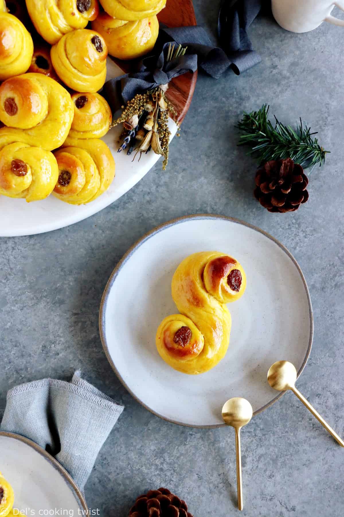 Swedish Saffron Buns "Lussekatter" (or St Lucia Buns) are an S-shape sweet bun flavored with saffron.