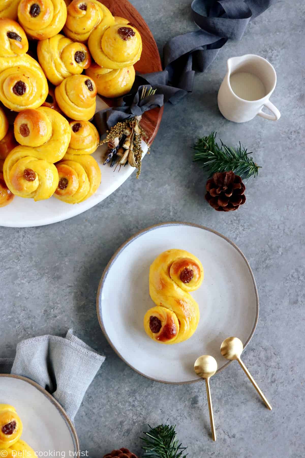 Swedish Saffron Buns "Lussekatter" (or St Lucia Buns) are an S-shape sweet bun flavored with saffron.