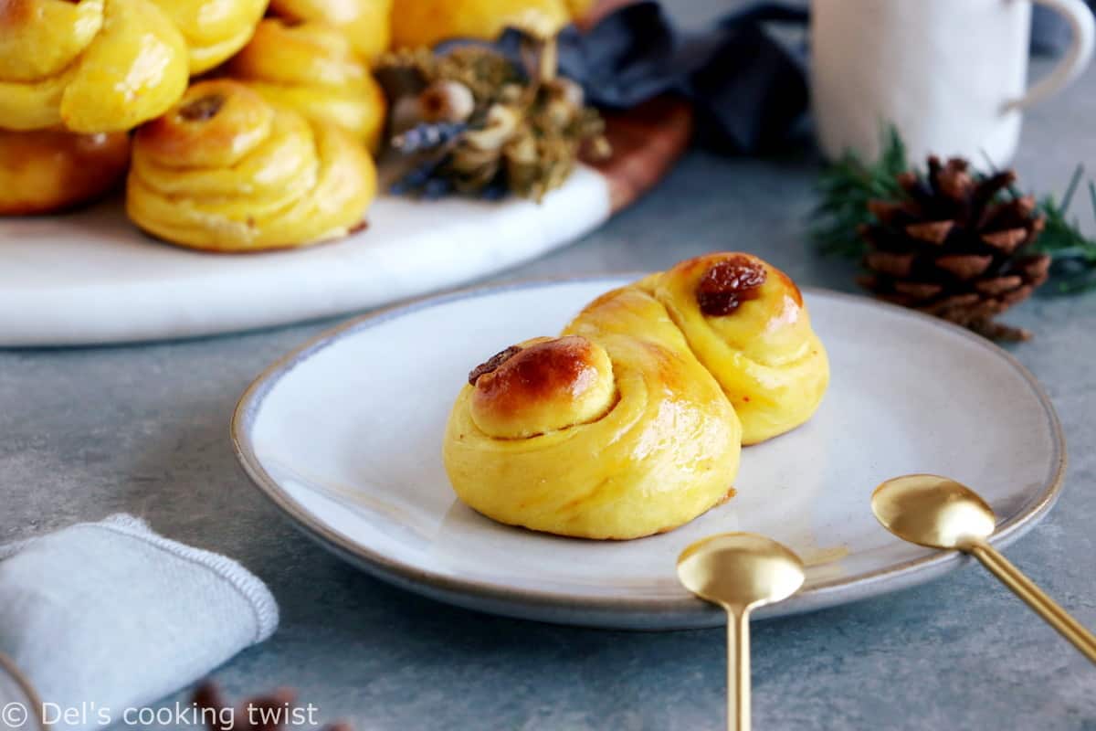 Swedish Saffron Buns "Lussekatter" (or St Lucia Buns) are an S-shape sweet bun flavored with saffron.