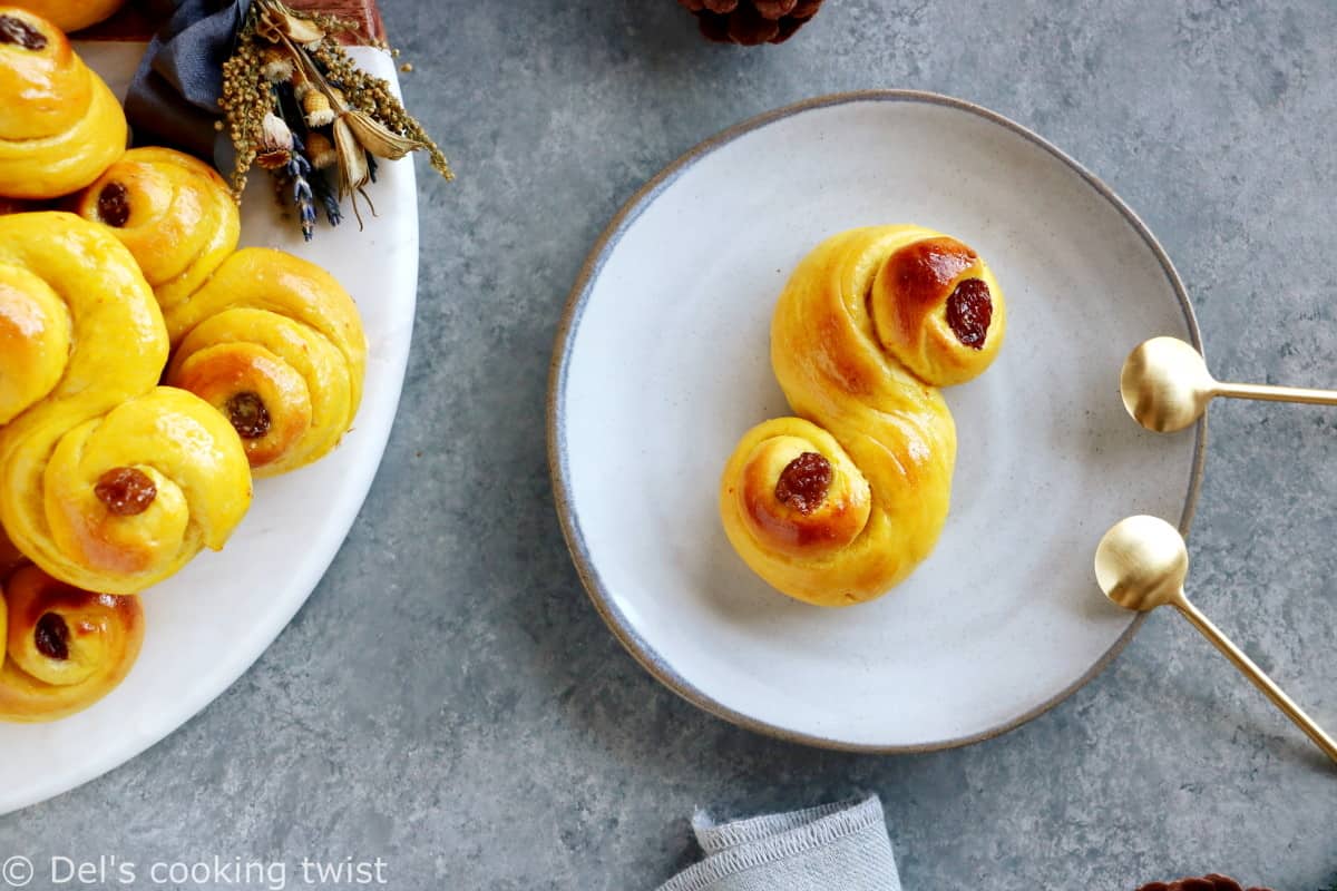 Swedish Saffron Buns "Lussekatter" (or St Lucia Buns) are an S-shape sweet bun flavored with saffron.