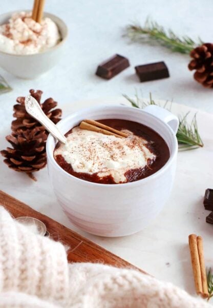 Le chocolat chaud à l'ancienne dévoile une texture riche, épaisse et onctueuse à souhait, avec une saveur intense en chocolat.