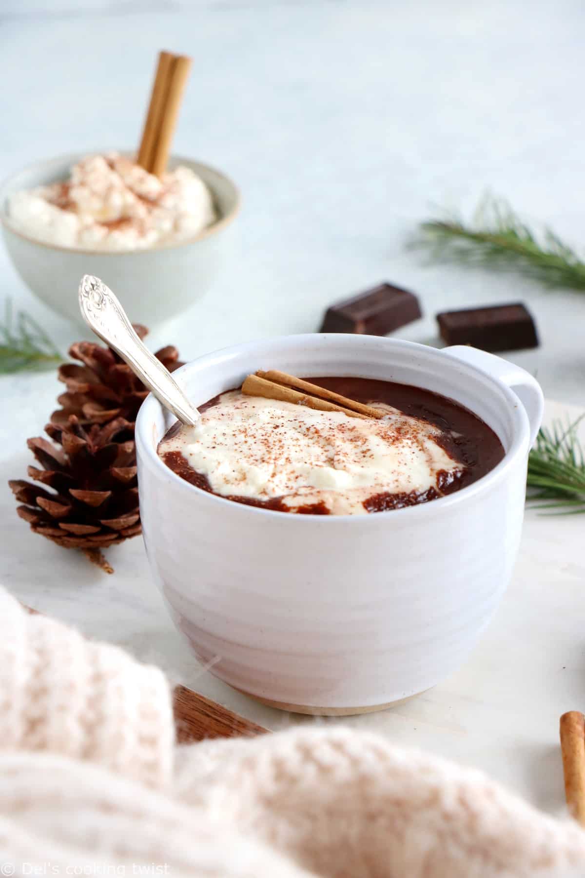 Le chocolat chaud à l'ancienne dévoile une texture riche, épaisse et onctueuse à souhait, avec une saveur intense en chocolat.