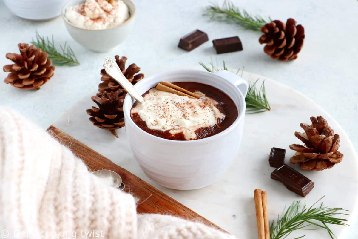 Le chocolat chaud à l'ancienne dévoile une texture riche, épaisse et onctueuse à souhait, avec une saveur intense en chocolat.