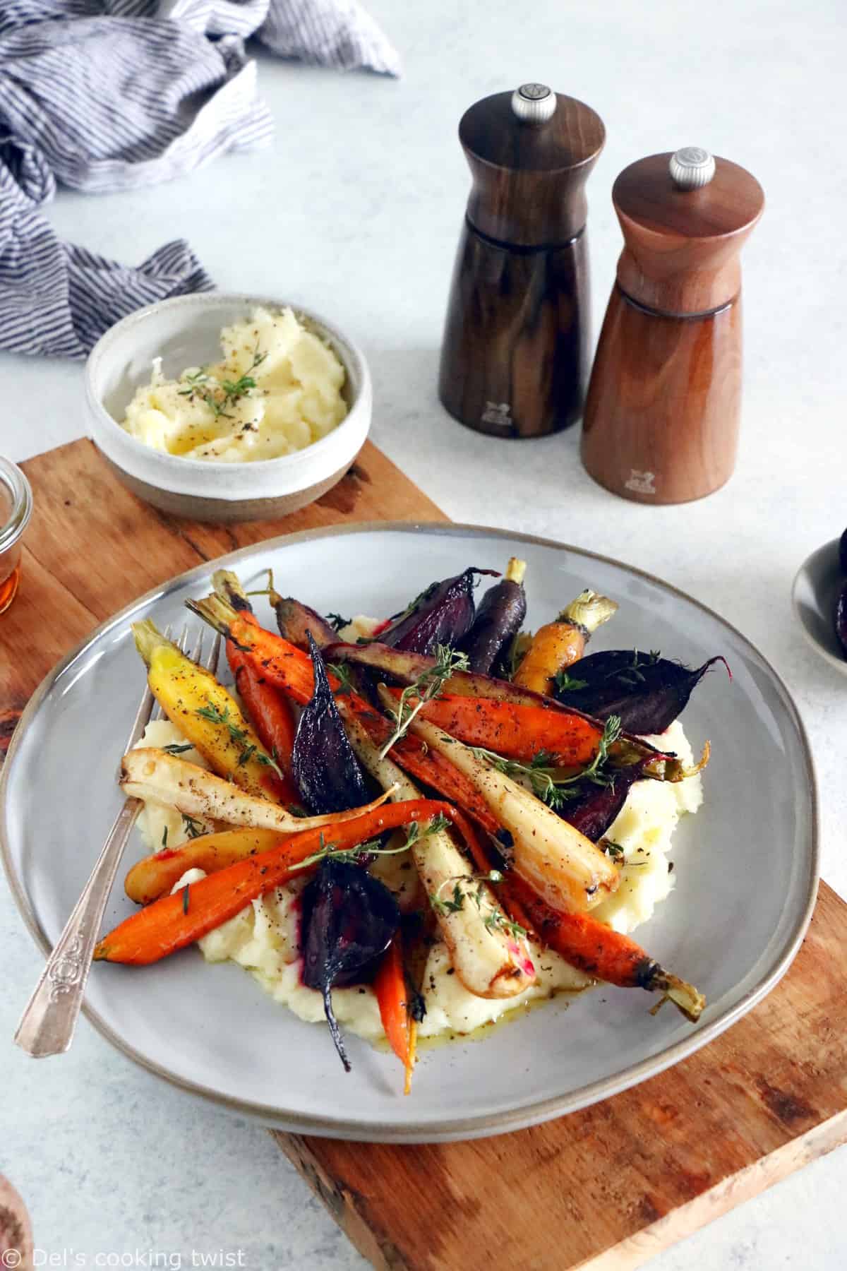 Maple roasted root vegetables with parsnip puree make an easy side dish for these chilly days out there.