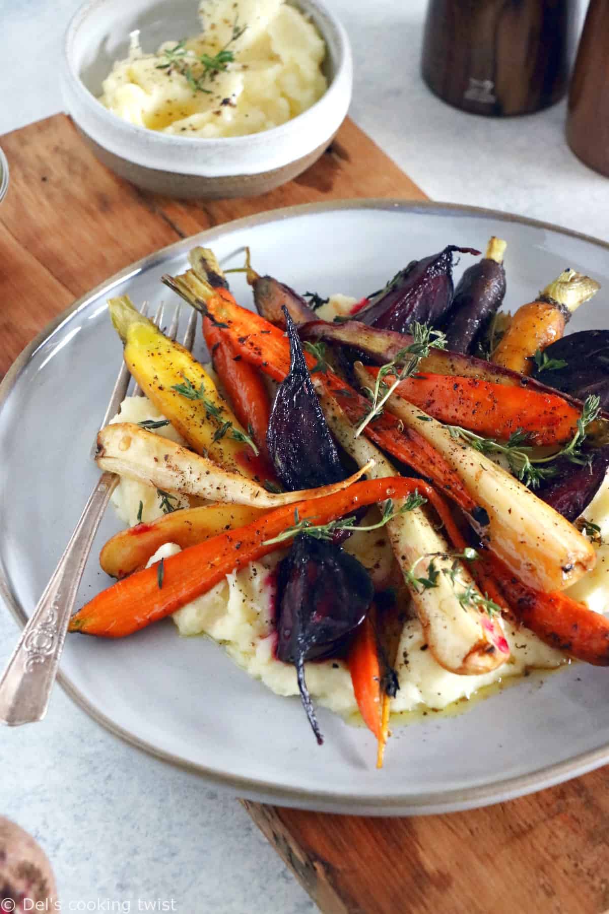 Maple roasted root vegetables with parsnip puree make an easy side dish for these chilly days out there.