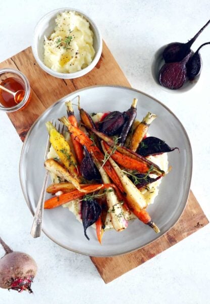 Maple roasted root vegetables with parsnip puree make an easy side dish for these chilly days out there.