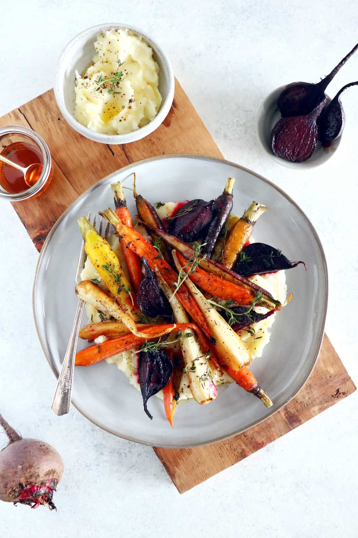Maple roasted root vegetables with parsnip puree make an easy side dish for these chilly days out there.