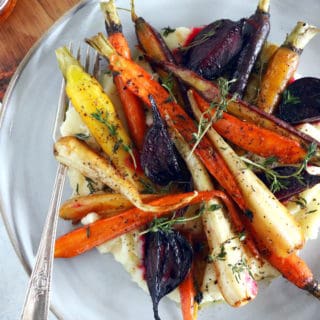 Maple roasted root vegetables with parsnip puree make an easy side dish for these chilly days out there.