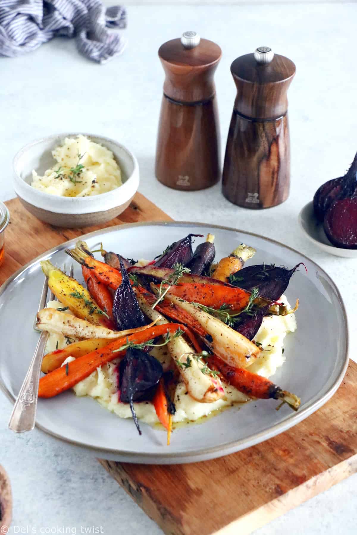 Maple roasted root vegetables with parsnip puree make an easy side dish for these chilly days out there.