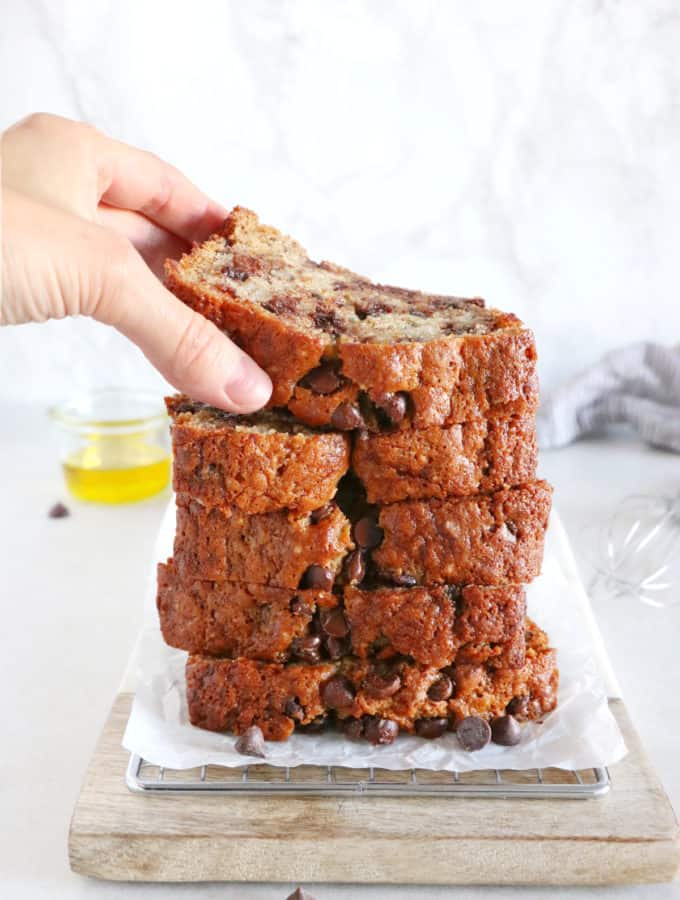 Olive Oil Chocolate Chip Banana Bread - The use of extra-virgin olive oil makes this banana bread incredibly moist and somehow healthier than the classic version.
