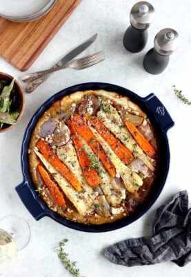 This caramelized root vegetable tarte tatin with feta is a great way to use up your winter vegetables in an audacious recipe.