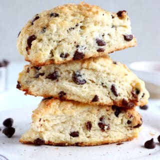 Buttermilk chocolate chip scones are crunchy and flaky on the outside yet soft and tender inside, and loaded with chocolate chips.