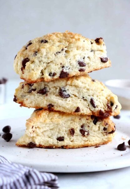 Buttermilk chocolate chip scones are crunchy and flaky on the outside yet soft and tender inside, and loaded with chocolate chips.