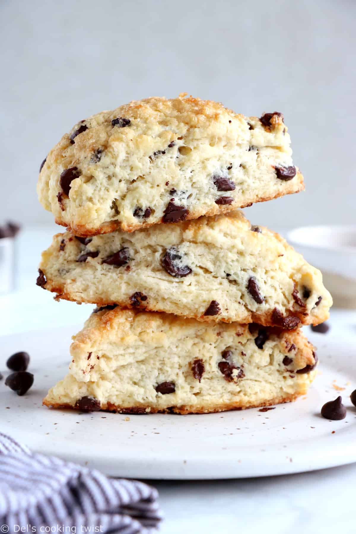 Buttermilk chocolate chip scones are crunchy and flaky on the outside yet soft and tender inside, and loaded with chocolate chips.