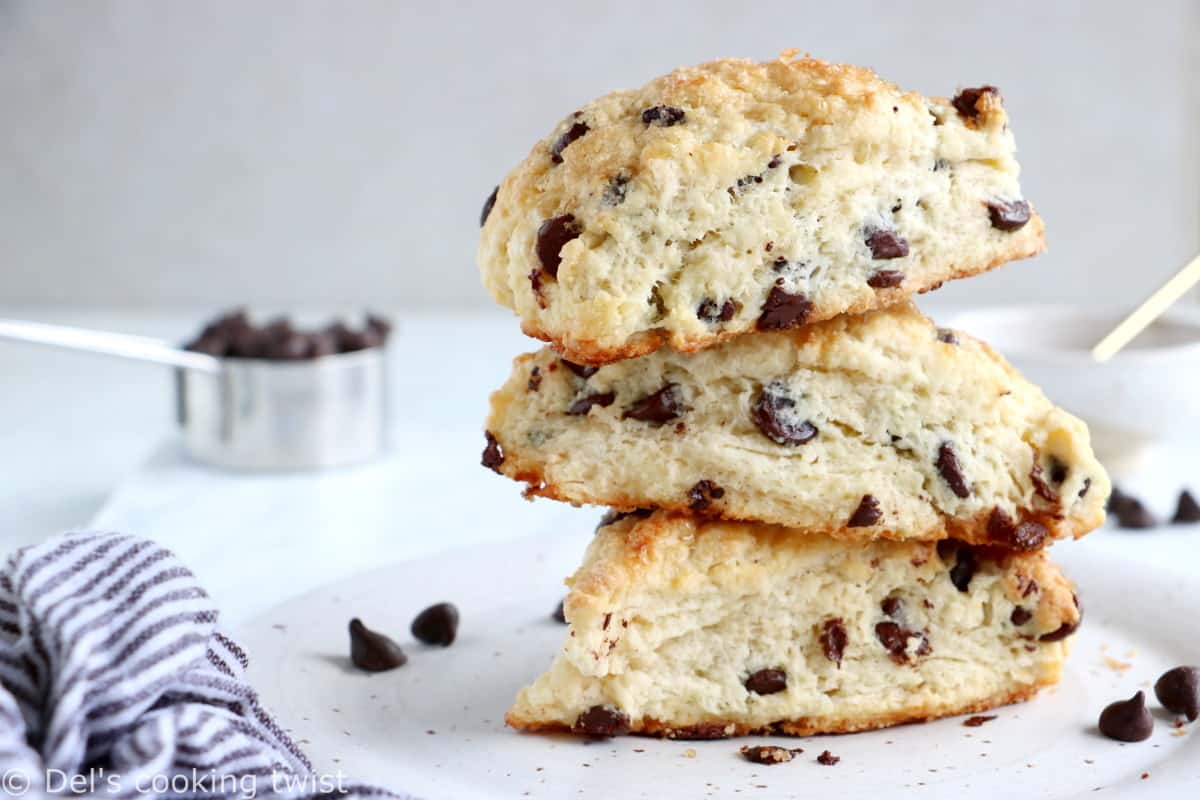 Buttermilk chocolate chip scones are crunchy and flaky on the outside yet soft and tender inside, and loaded with chocolate chips.