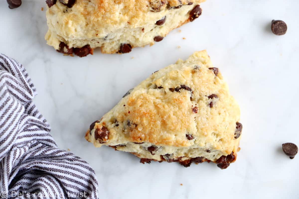 Buttermilk chocolate chip scones are crunchy and flaky on the outside yet soft and tender inside, and loaded with chocolate chips.