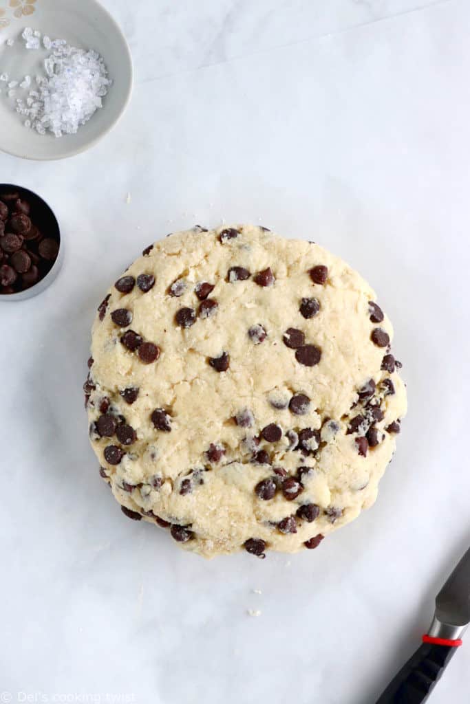 Buttermilk chocolate chip scones are crunchy and flaky on the outside yet soft and tender inside, and loaded with chocolate chips.