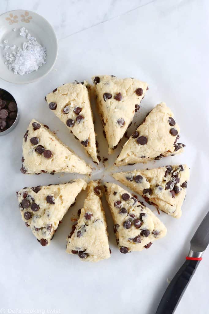Buttermilk chocolate chip scones are crunchy and flaky on the outside yet soft and tender inside, and loaded with chocolate chips.