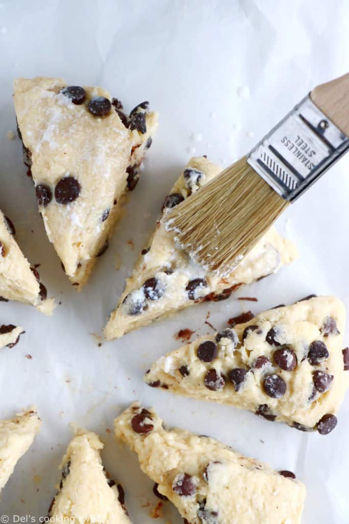 Buttermilk chocolate chip scones are crunchy and flaky on the outside yet soft and tender inside, and loaded with chocolate chips.