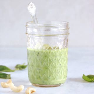 This easy 5-minute vegan cashew basil dressing will soon become your new best friend. Ready in no time, it elevates your salads and roasted veggies, and you can even turn it into a vegan cashew basil pesto version to serve with your pasta.