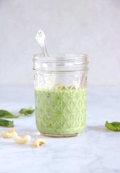 This easy 5-minute vegan cashew basil dressing will soon become your new best friend. Ready in no time, it elevates your salads and roasted veggies, and you can even turn it into a vegan cashew basil pesto version to serve with your pasta.