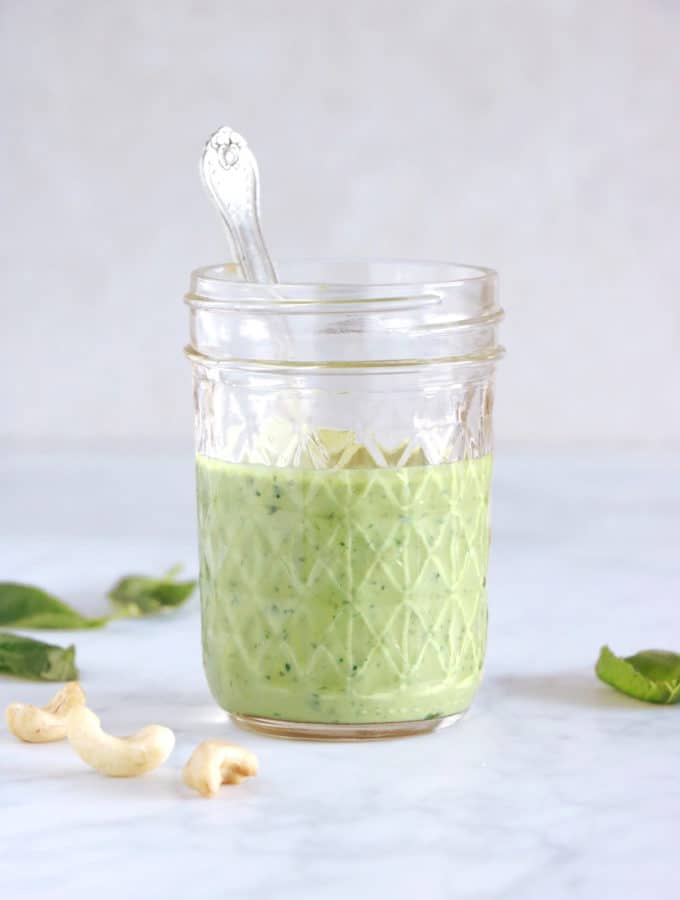 This easy 5-minute vegan cashew basil dressing will soon become your new best friend. Ready in no time, it elevates your salads and roasted veggies, and you can even turn it into a vegan cashew basil pesto version to serve with your pasta.