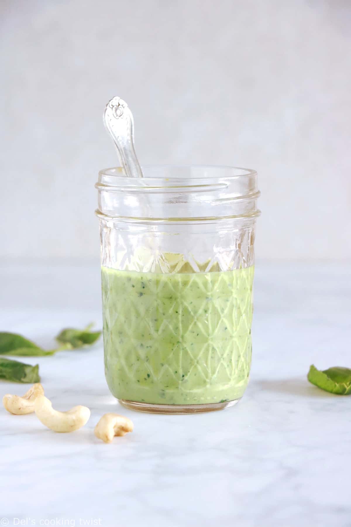 This easy 5-minute vegan cashew basil dressing will soon become your new best friend. Ready in no time, it elevates your salads and roasted veggies, and you can even turn it into a vegan cashew basil pesto version to serve with your pasta.