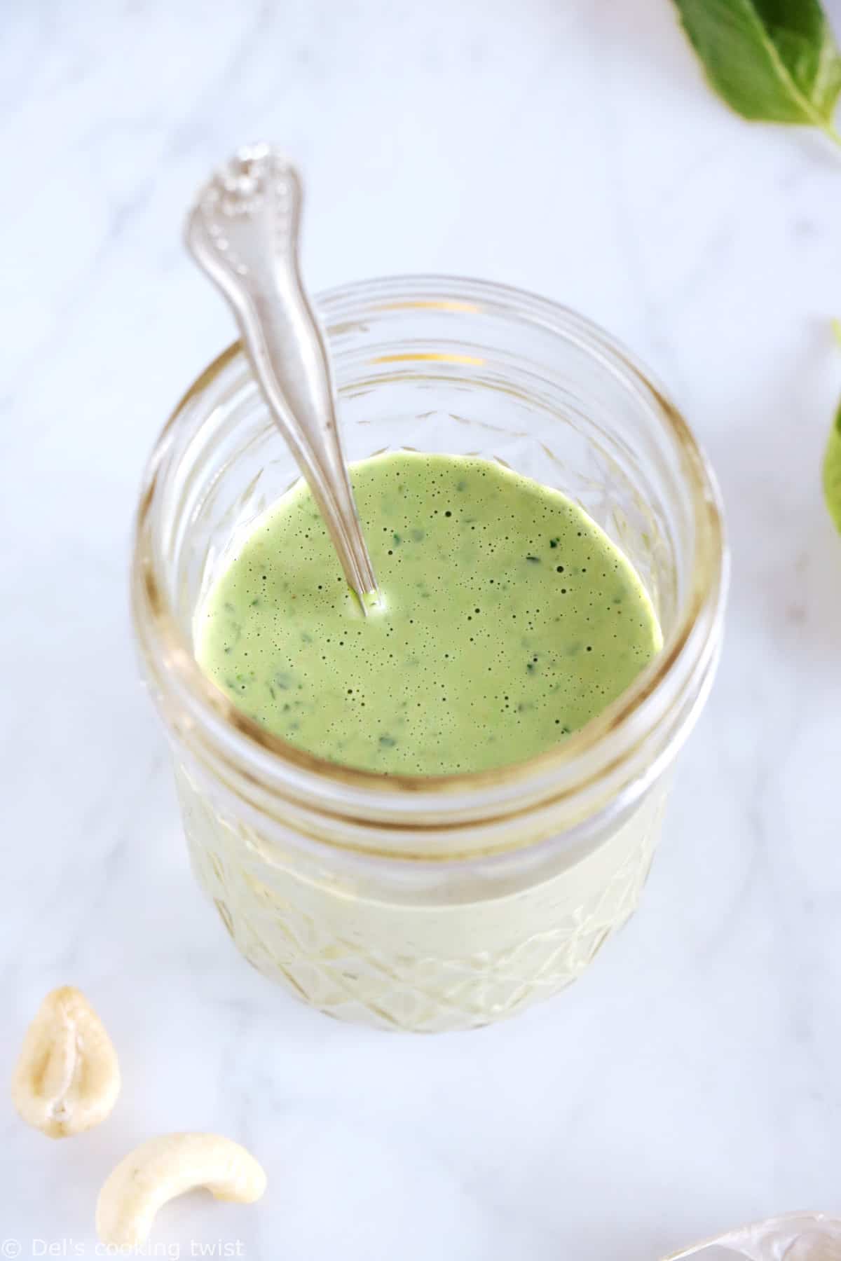 This easy 5-minute vegan cashew basil dressing will soon become your new best friend. Ready in no time, it elevates your salads and roasted veggies, and you can even turn it into a vegan cashew basil pesto version to serve with your pasta.