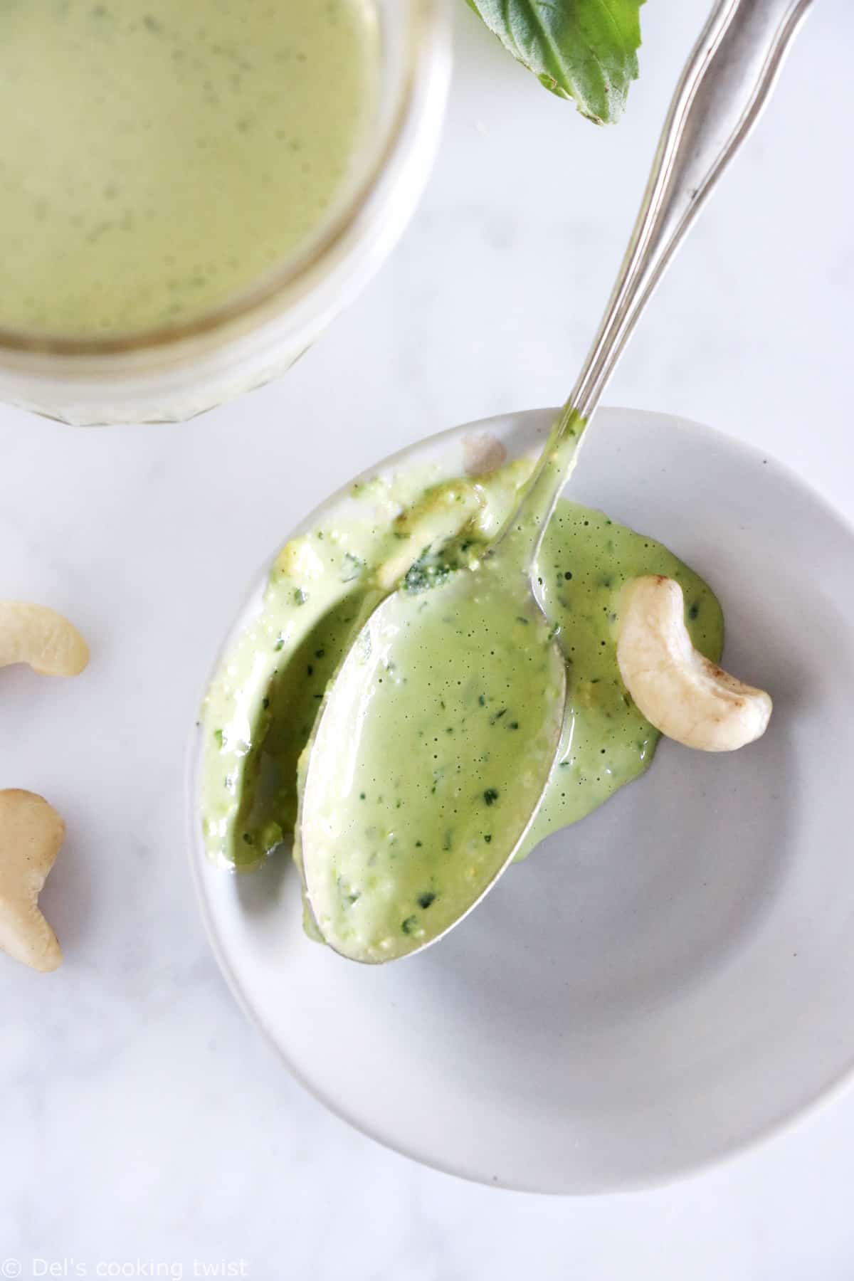 This easy 5-minute vegan cashew basil dressing will soon become your new best friend. Ready in no time, it elevates your salads and roasted veggies, and you can even turn it into a vegan cashew basil pesto version to serve with your pasta.