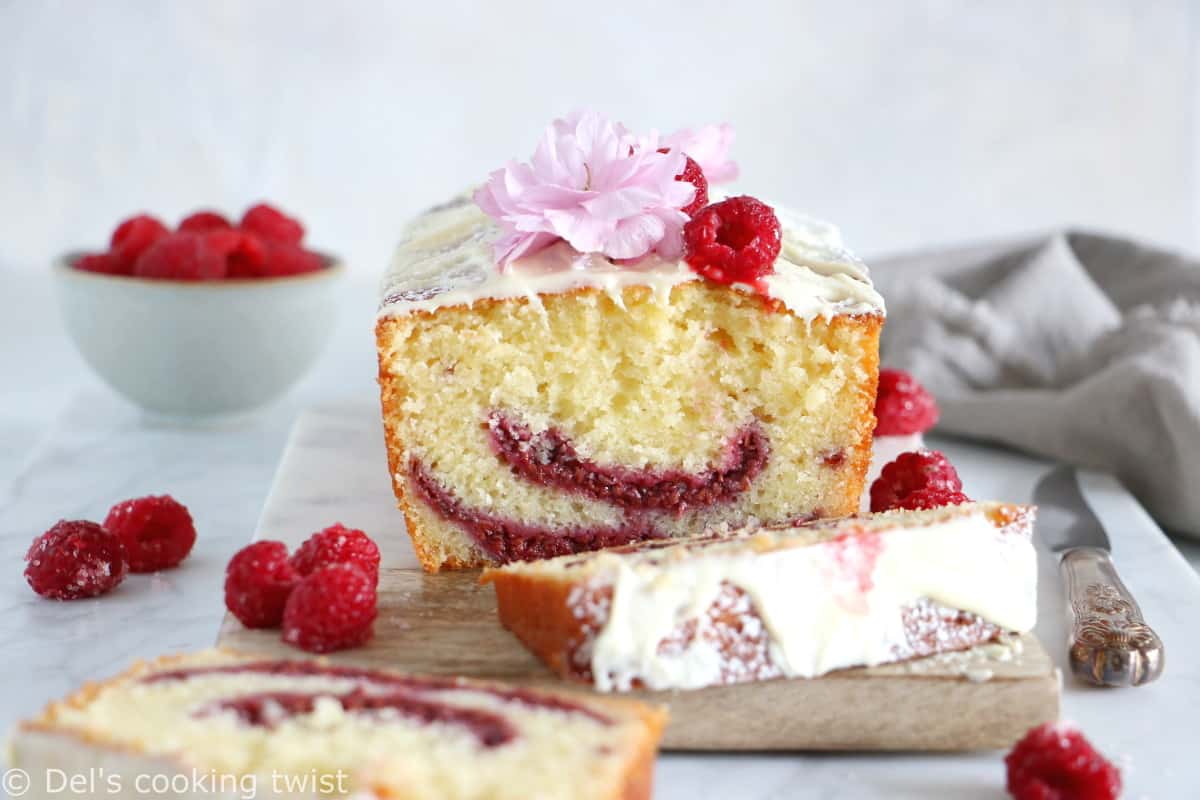 Delicious and easy to make, this white chocolate raspberry marble cake is filled with jammy raspberry swirls and topped with a generous and sweet layer of white chocolate.