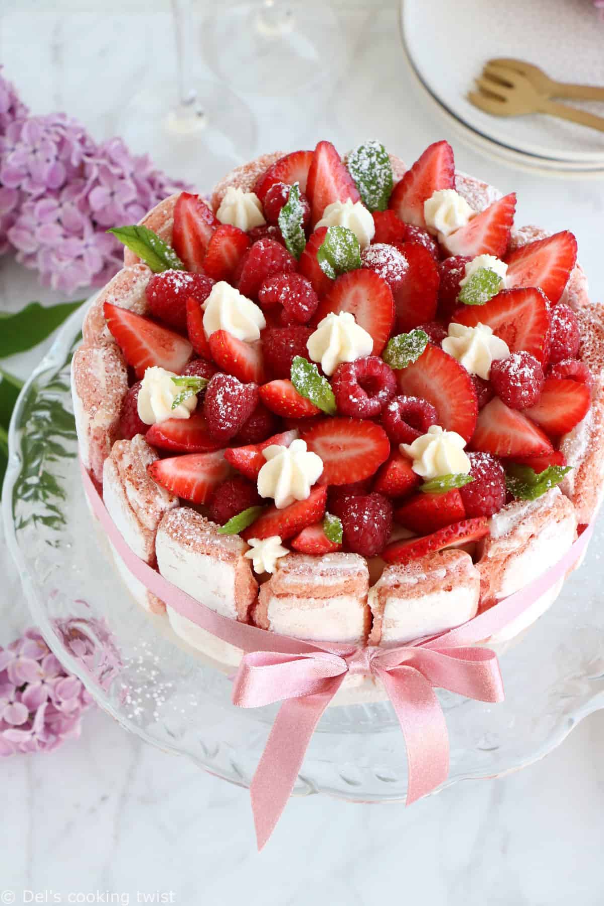 Fancy, elegant and stunningly beautiful, the French strawberry charlotte cake ("Charlotte aux Fraises") with white chocolate makes a delicious celebration cake.