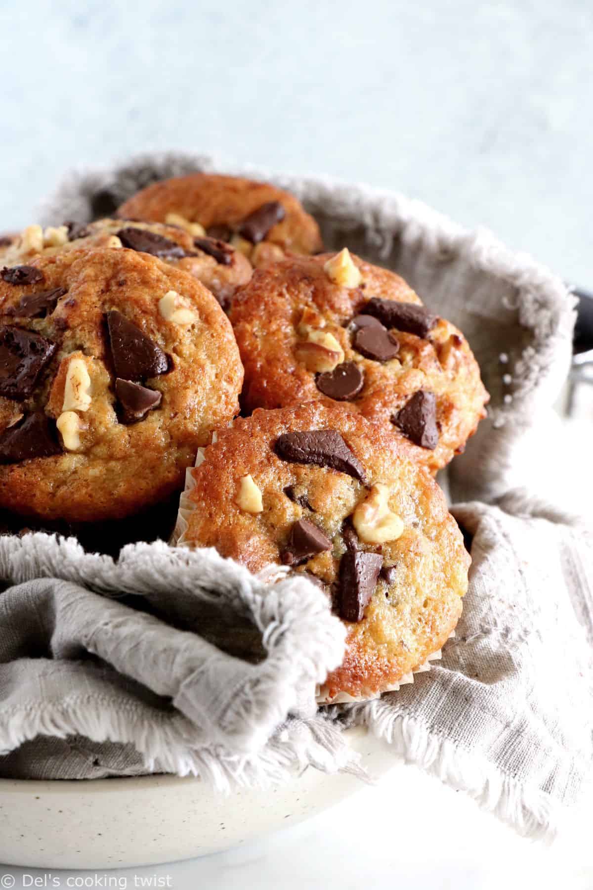 Moist and fluffy in texture, they are packed with delicious banana flavors and loaded with chocolate chips.