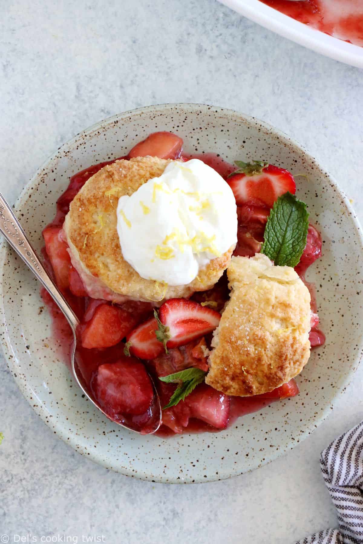 This rhubarb, strawberry, apple cobbler features a sweet and tangy fruity filling topped with some flaky dropped biscuits.
